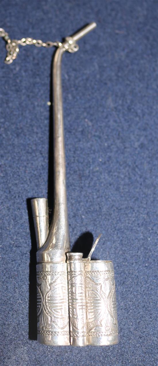 A Chinese silver opium pipe, a gate-link bracelet and sundry chains, etc.